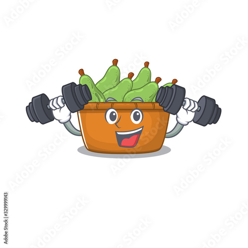 Smiley Fitness exercise pear fruit box cartoon character raising barbells