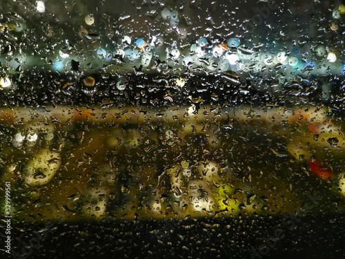 raindrops on the window against the background of city lights