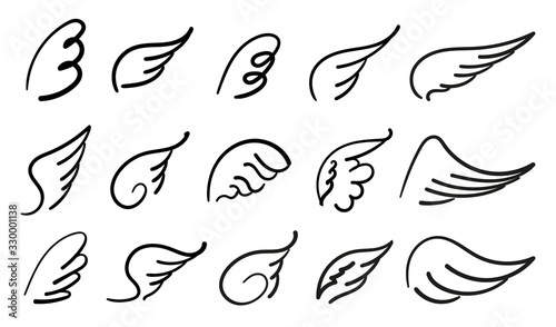 Wings birds and angel. Cartoon doodle bird tattoo wing icon. Feather sketch handdrawn collection