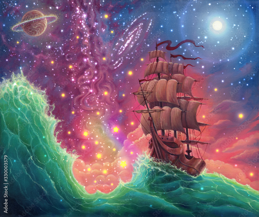 Fantasy oil painting sea landscape art with ship, sunset, space stars ...