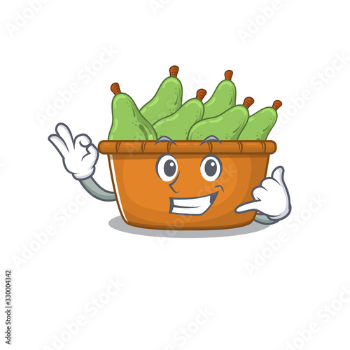 Pear fruit box mascot cartoon design showing Call me gesture