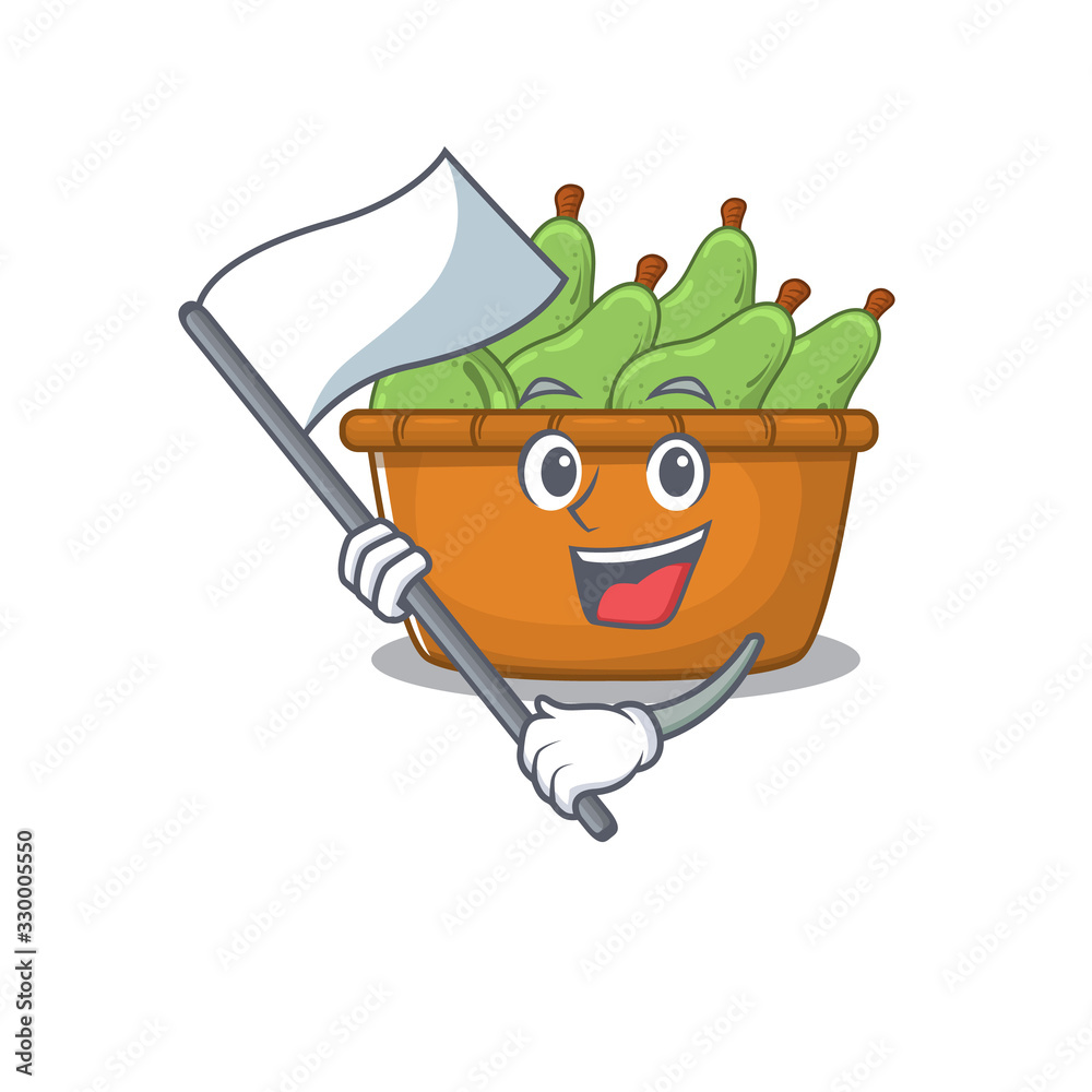 Pear fruit box cartoon character design holding standing flag