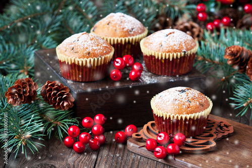 Fresh home baked muffins with powder sugar, Christmas treat