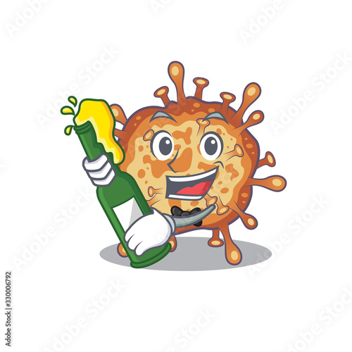 Retro virus corona with bottle of beer mascot cartoon style
