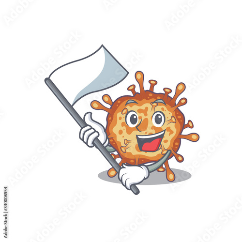 Retro virus corona cartoon character design holding standing flag