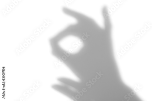 Cute bunny rabbit hand shadow puppet isolated on white background. Easter symbol. Family game theatre. Gray shadow overlay