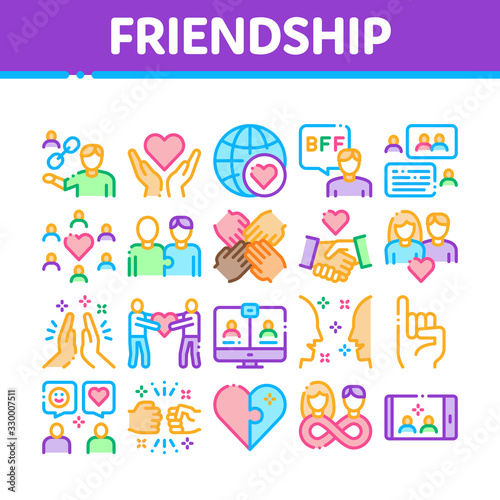 Friendship Relation Collection Icons Set Vector. Handshake And Friendship Gesture, Love And Partnership, Internet Communication Concept Linear Pictograms. Monochrome Color Illustrations