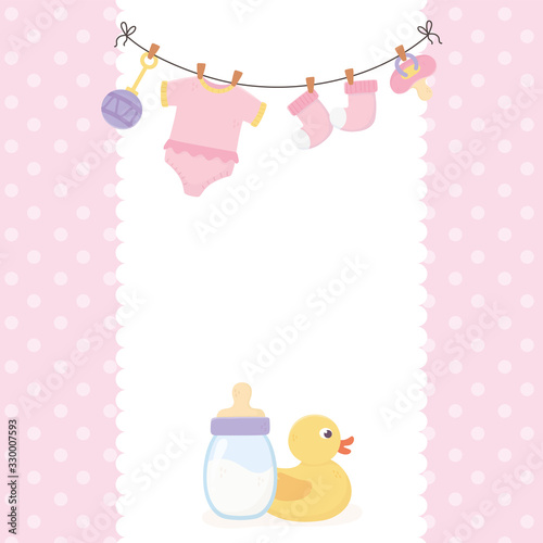 baby shower, duck bottle and bodysuit socks pacifier dots background © Stockgiu