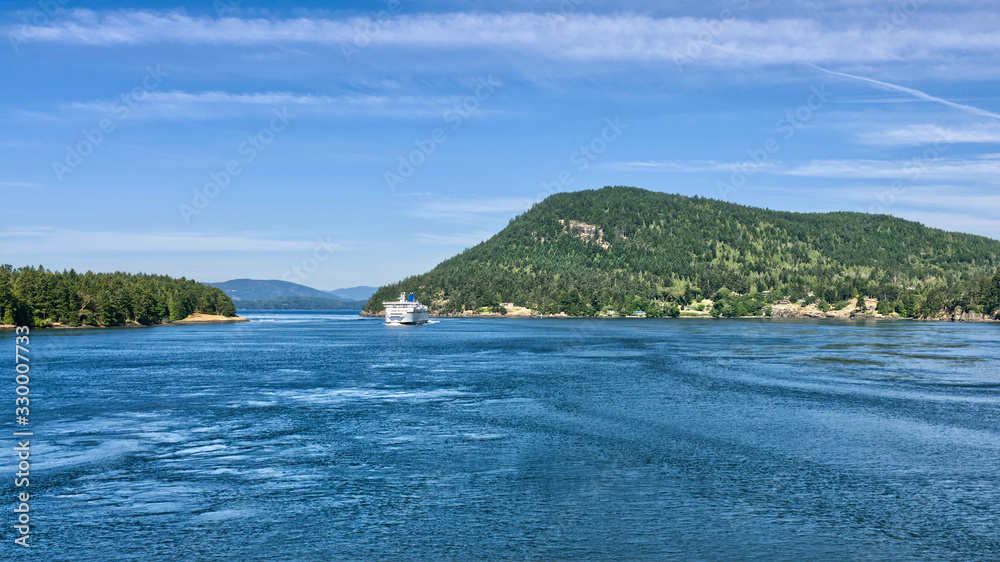 Fototapeta premium beautiful Southern Gulf Islands in the Strait of Georgia from the ferry. Islands with evergreen conifers and turquoise sea water on a bright sunny day. Trip from Vancouver to Victoria, Canada