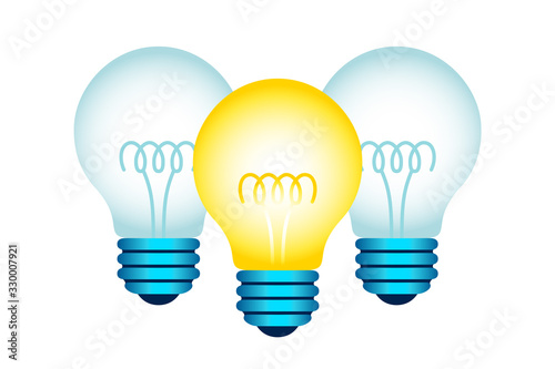 Yellow Light Bulb Icon. Three Incandescent Electric Lamps With Spiral, Light On, Light Off. Vector Graphic Design Element Isolated On White Background. Creative Idea Sign, Solution, Innovation Concept
