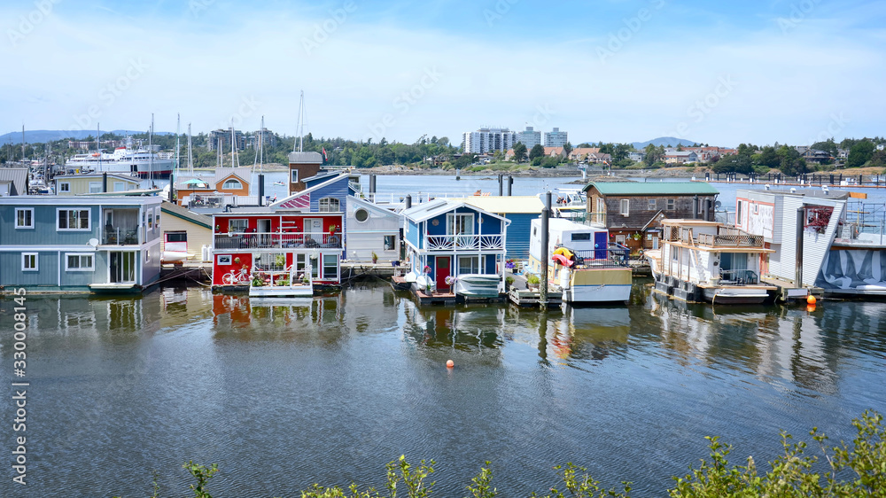 Victoria  city Inner Harbor landscape. Village of colorful floating houses. Fisherman Wharf in Victoria, Vancouver Island, Canada