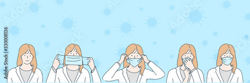 Coronavirus, protection, instruction medical mask, ncov, covid2019 set. Woman girl putting medical mask on face. Health protection tips. Prevention of coronavirus, ncov infection. Covid quarantine