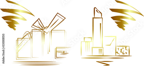 Vector abstract graphics of gold lines and shapes on white background, in the form of cosmetics for postcards, banners, newsletters, discounts, covers, screensavers, discount cards and social networks