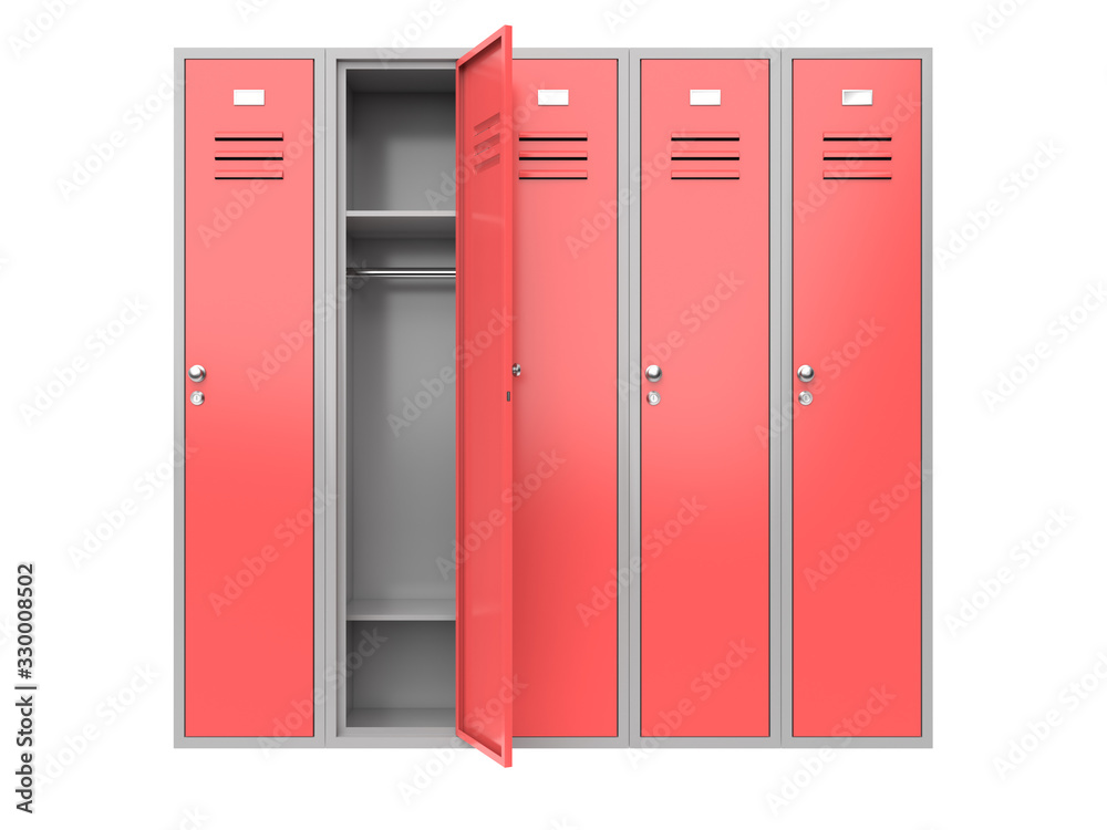Red metal gym lockers with one open door Red metal gym lockers with one open door