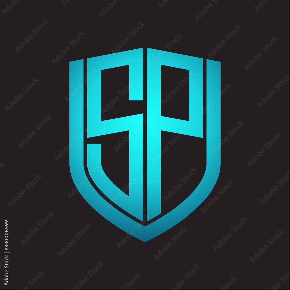 SP Logo monogram with emblem shield design isolated with blue colors on black background SP Logo monogram with emblem shield design isolated with blue colors on black background
