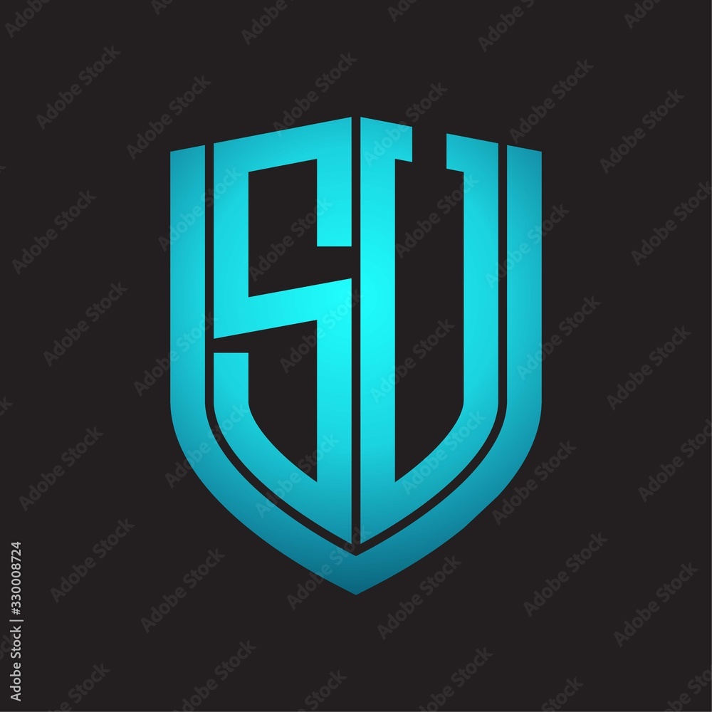 SU Logo monogram with emblem shield design isolated with blue colors on black background SU Logo monogram with emblem shield design isolated with blue colors on black background
