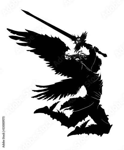 An angel with a two-handed sword breaks into battle preparing to make a mighty blow. He has 4 wings. View in profile. 2d illustration.