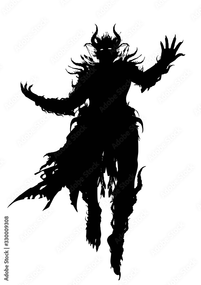 The silhouette of a demon wizard floating majestically in the air, dressed in a ragged robe, decorated with spikes and horns all over his body. 2D illustration