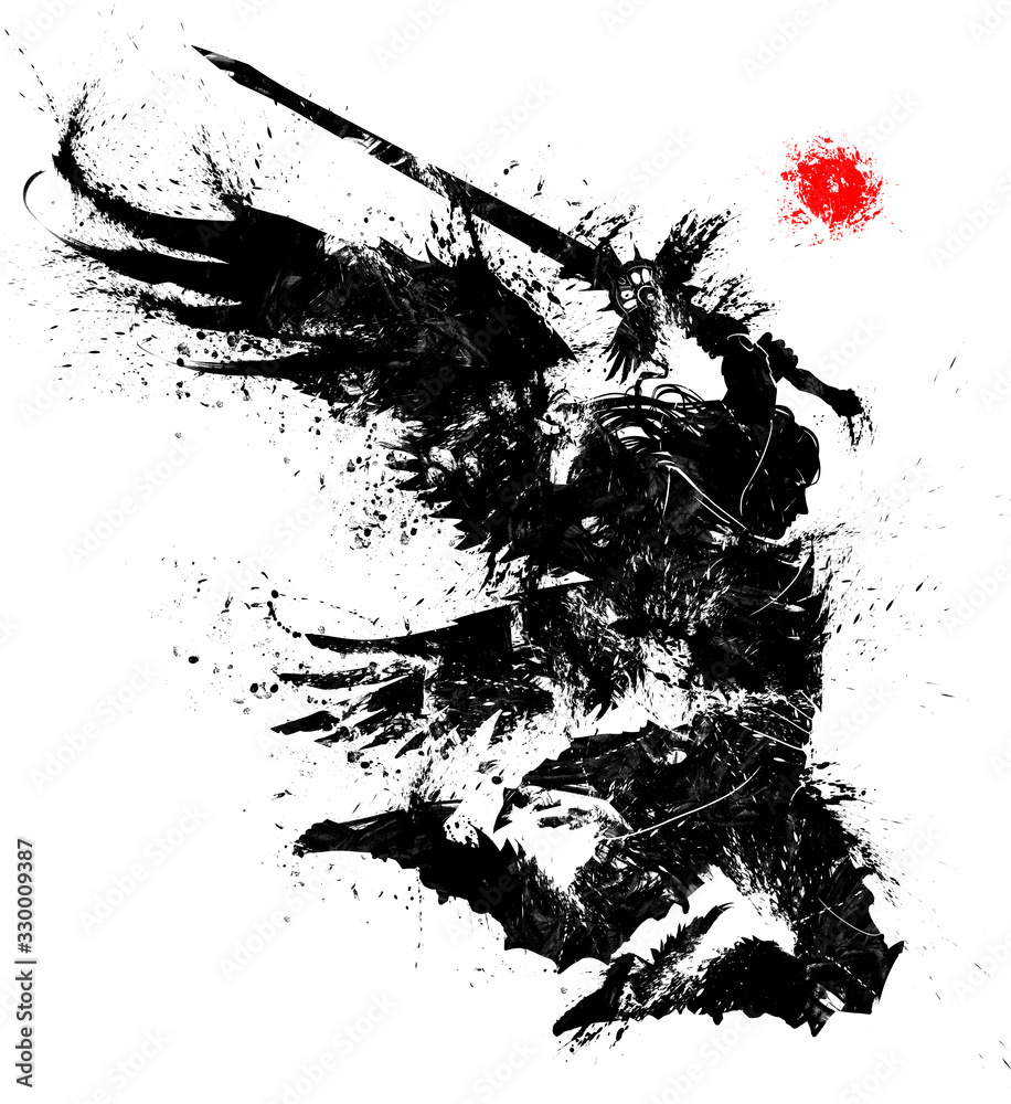 An angel with a two-handed sword breaks into battle preparing to make a mighty blow. He has 4 wings. View in profile. Drawn with blots and strokes. 2d illustration. An angel with a two-handed sword breaks into battle preparing to make a mighty blow. He has 4 wings. View in profile. Drawn with blots and strokes. 2d illustration.