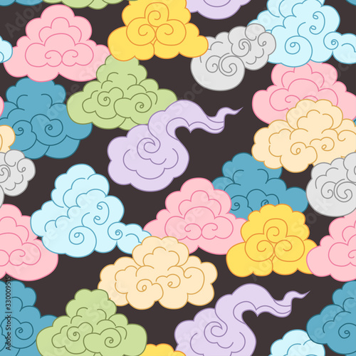  ..Seamless pattern with colorful clouds. Vector texture on dark background.