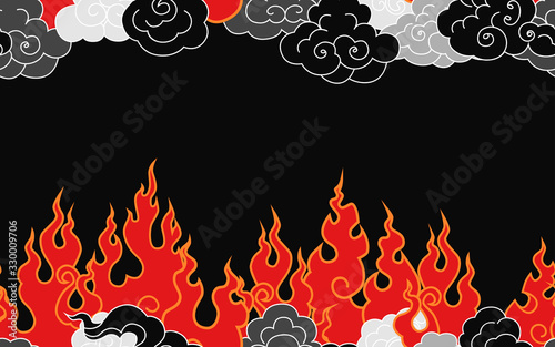 .Fire and smoke. Vector seamless pattern on a black background.