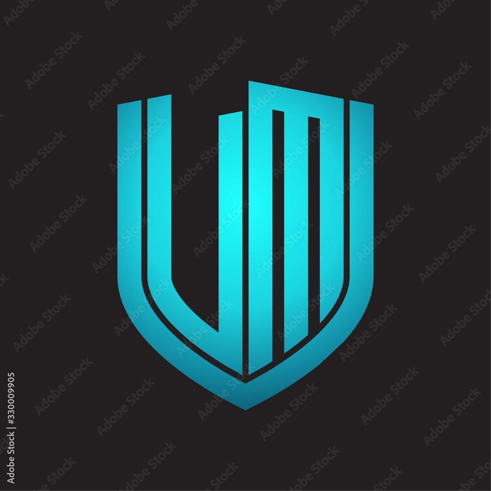 VM Logo monogram with emblem shield design isolated with blue colors on black background VM Logo monogram with emblem shield design isolated with blue colors on black background