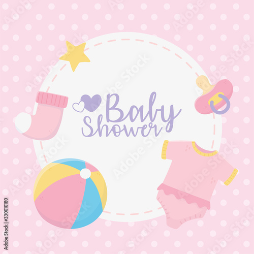 baby shower, pink bodysuit ball sock pacifier stars round label dots background © Stockgiu