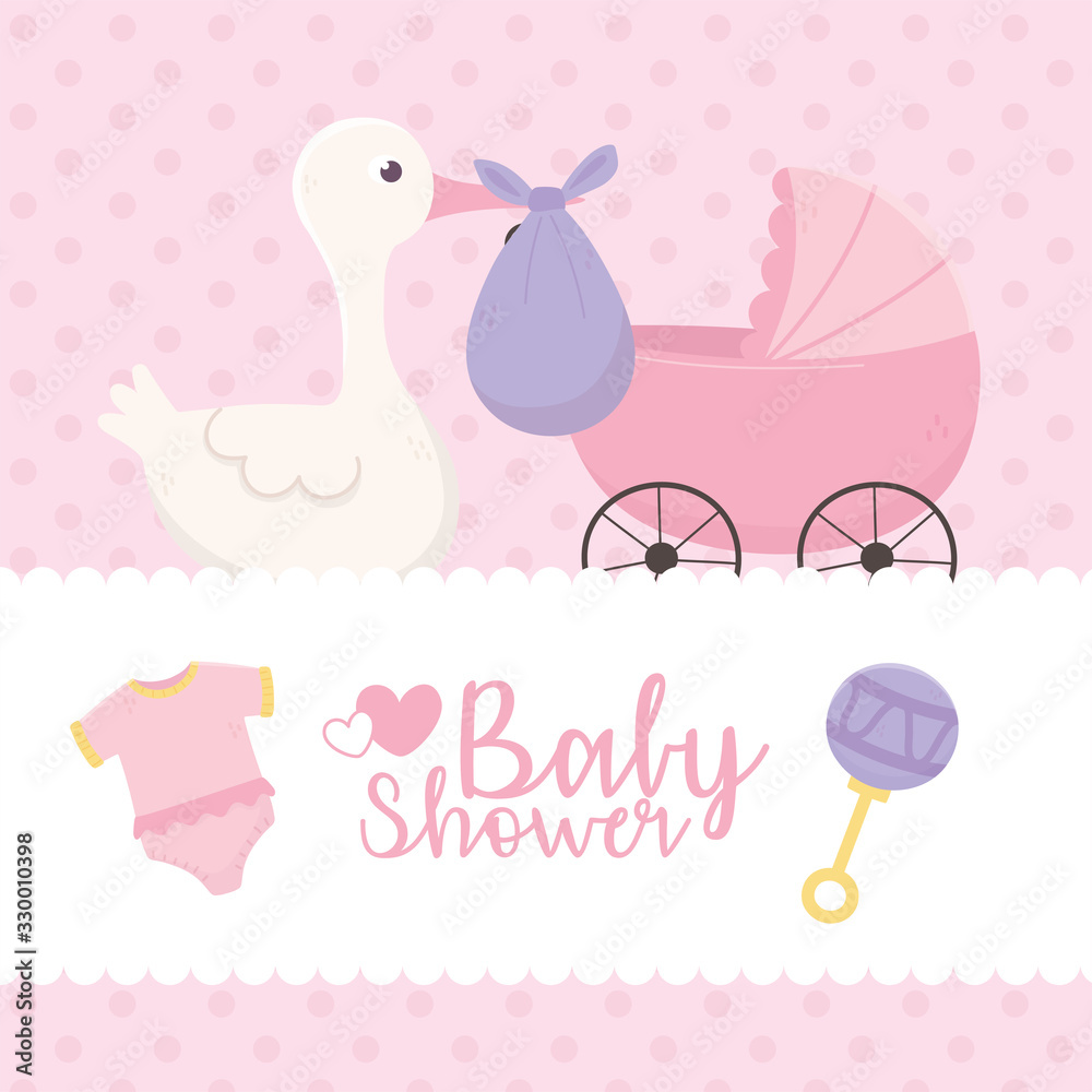 baby shower, stork with purple diaper pram clothes celebration