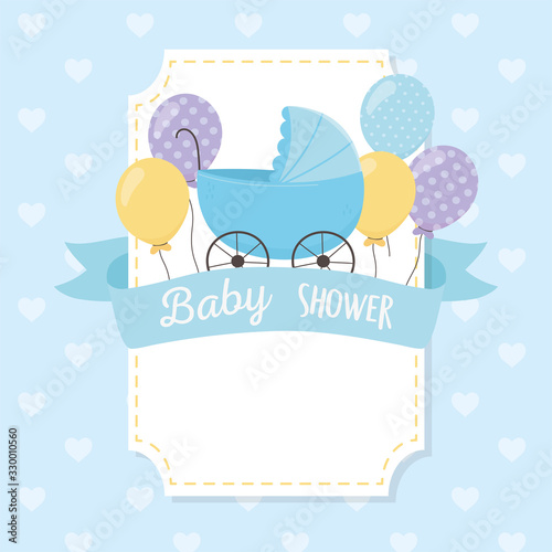 baby shower, blue pram balloons ribbon decoration card