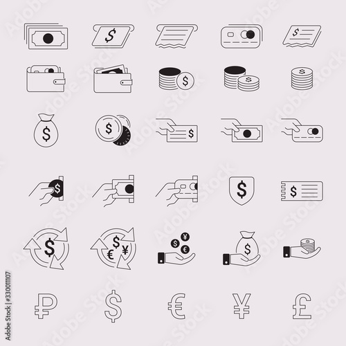Money line icons. Set of Banking, Wallet and Coins icons. Credit card, Currency exchange. Banking credit card, atm payment. Simple vector illustration.
