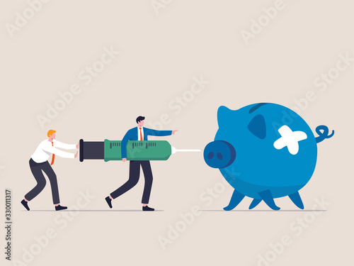 Economic stimulus, QE Quantitative Easing, monetary policy in economic in financial crisis or economic recession, Businessman central bank carrying syringe of money medicine to inject broke piggy bank