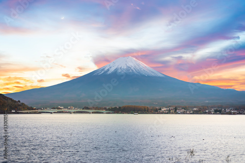 Fuji mountain or Fuji san in sunset sky background at kawaguchiko or Lake Kawaguchi tokyo Japan ,this for travel and touring concept