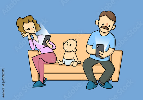Modern parents addicted to electronic gadgets sitting on a couch ignoring their toddler child. Flat cartoon vector illustration, isolated on blue background.