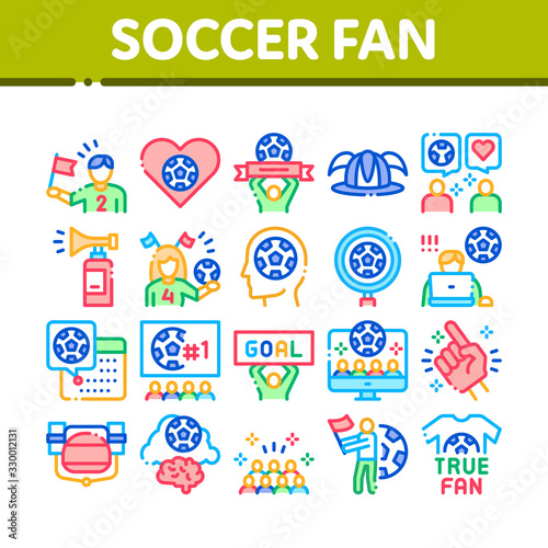Soccer Fan Attributes Collection Icons Set Vector. Soccer Fan Hat And Glove In Hand Form, Heart And Air Beeper, T-shirt And Goal Nameplate Concept Linear Pictograms. Color Contour Illustrations