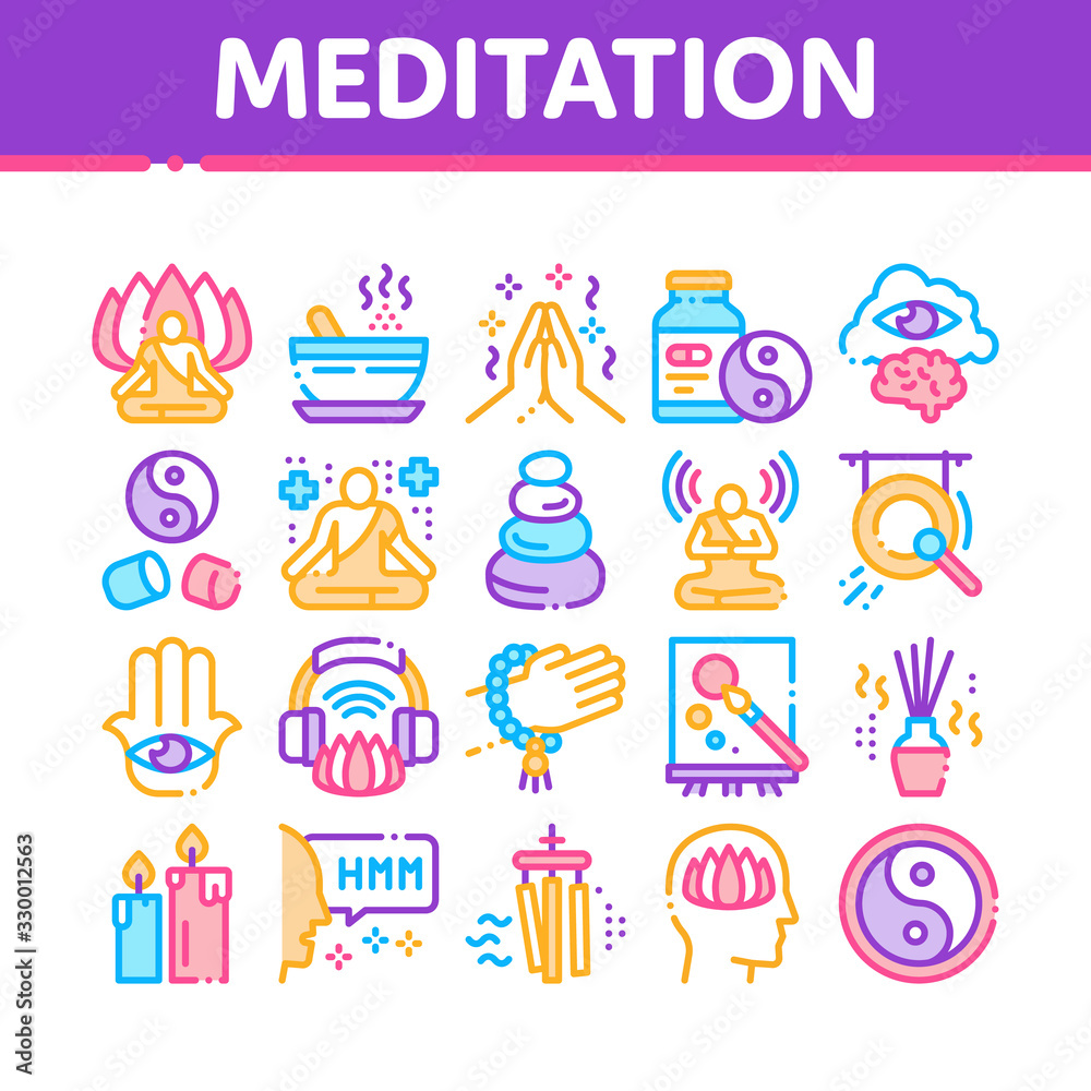 Meditation Practice Collection Icons Set Vector. Meditation Yoga Relaxation Aromatic Therapy, Human Concentration, Gong And Painting Concept Linear Pictograms. Color Contour Illustrations Meditation Practice Collection Icons Set Vector. Meditation Yoga Relaxation Aromatic Therapy, Human Concentration, Gong And Painting Concept Linear Pictograms. Color Contour Illustrations