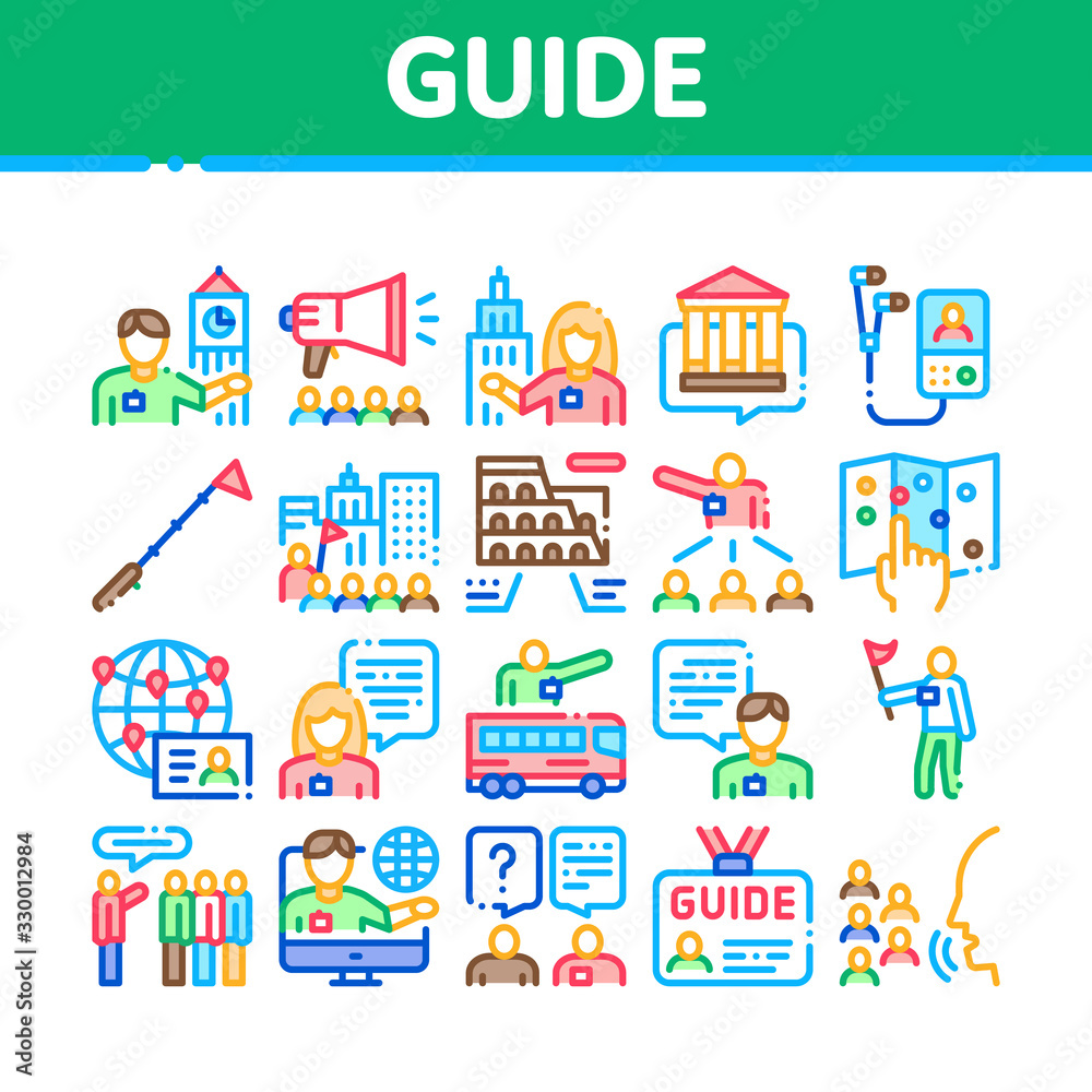 Guide Lead Traveler Collection Icons Set Vector. Bus And Media Player Guide, Badge And Loudspeaker, Speak And Show Landmark Tourism Concept Linear Pictograms. Color Contour Illustrations