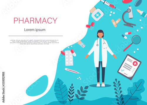 Pharmacy vector elements. A female pharmacist is showing medicine. Pharmacy icon set. Pharmacist showing prescription with lot of medicine vector.