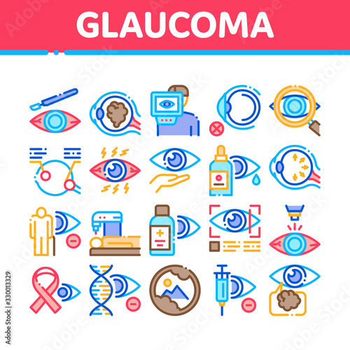Glaucoma Ophthalmology Collection Icons Set Vector. Glaucoma Disease Symptoms And Treatment Eye Drop And Medical Equipment Concept Linear Pictograms. Color Contour Illustrations