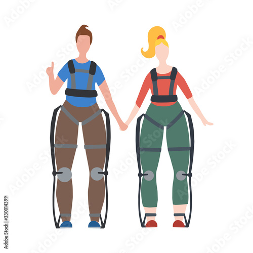 Pair of happy healthy people in exosuits on white background. Innovation in medicine. Exoskeleton for people with disabilities. Vector flat image for articles and your creativity.