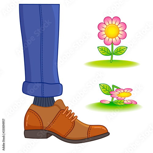 Vector illustration. The foot of a man in shoes steps on a flower. Destruction of nature, ecology, rare species of plants, crushed plants