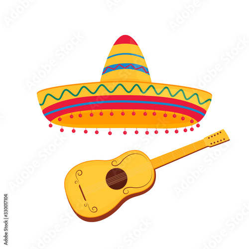 Spanish guitar and mexican sombrero vector illustration isolated on white background photo