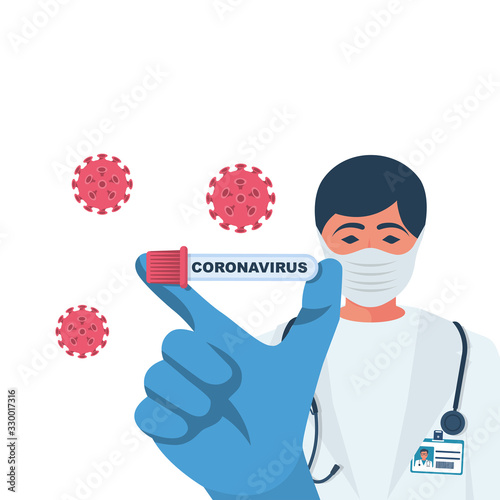 Coronavirus 2019-nCoV Blood Sample. Epidemic virus respiratory syndrome. Wuhan China. Doctor wearing respirator mask holding a positive blood test result. Vector illustration flat design.