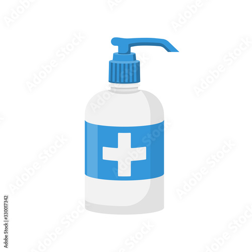 Disinfectant flat icon. Liquid soap in plastic pump bottle. Washing hands with soap. Hygiene product. Template for fighting bacteria and dirt. Sanitary regime. Vector illustration flat design.