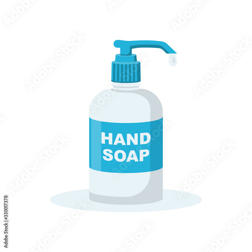 Hand soap. Disinfectant flat icon. Liquid soap in plastic pump bottle. Washing hands with soap. Hygiene product. Template for fighting bacteria and dirt. Vector illustration flat design.