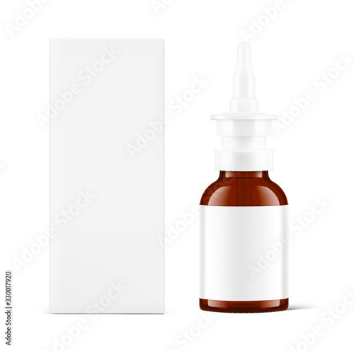 Bottle for nasal drops with cardboard packaging box mockup. Vector illustration isolated on white background. Ready for your design. EPS10. 