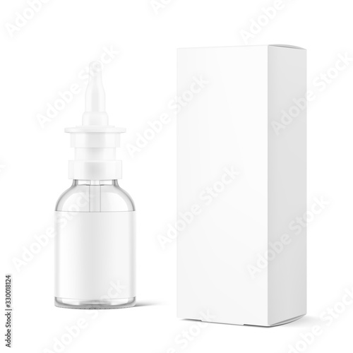 Bottle for nasal drops with cardboard packaging box mockup. Vector illustration isolated on white background. Ready for your design. EPS10. 