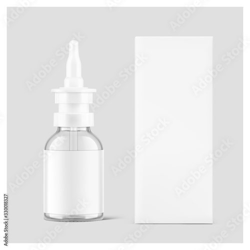 Bottle for nasal drops with cardboard packaging box mockup. Vector illustration on grey background. Ready for your design. EPS10. 