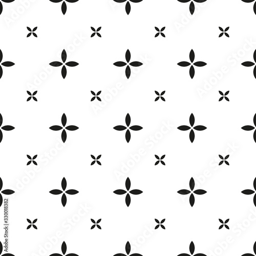 Abstract geometric seamless pattern. Black minimalistic vector flowers with four petals on white background. Simple vector illustration. Polka dot design for printing on textile, fabric