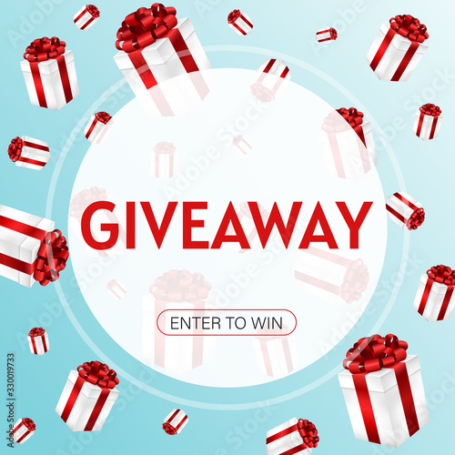 Giveaway winners poster template design. Gift boxes vector illustration on blue background. For website vector flyers with square box and ribbon