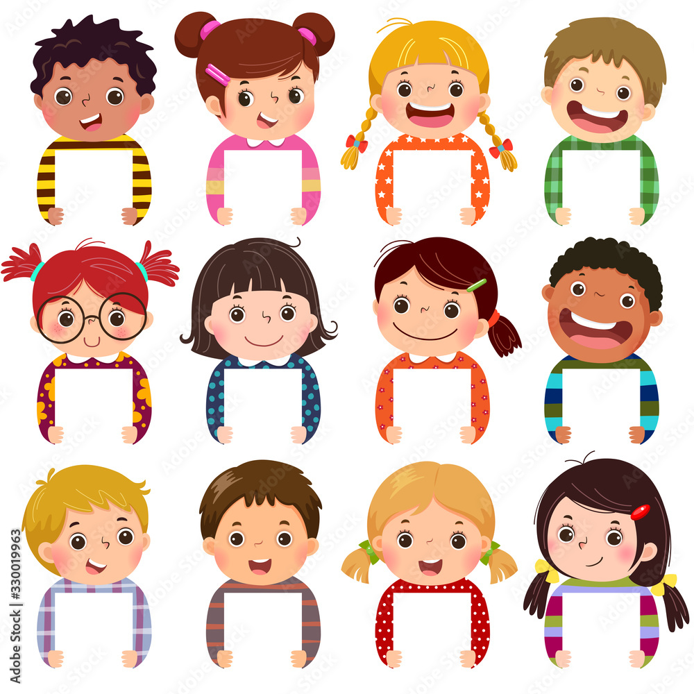 Cartoon collection of little kids portraits holding blank signs. Multi ethnic group of happy children portraits. Cartoon collection of little kids portraits holding blank signs. Multi ethnic group of happy children portraits.
